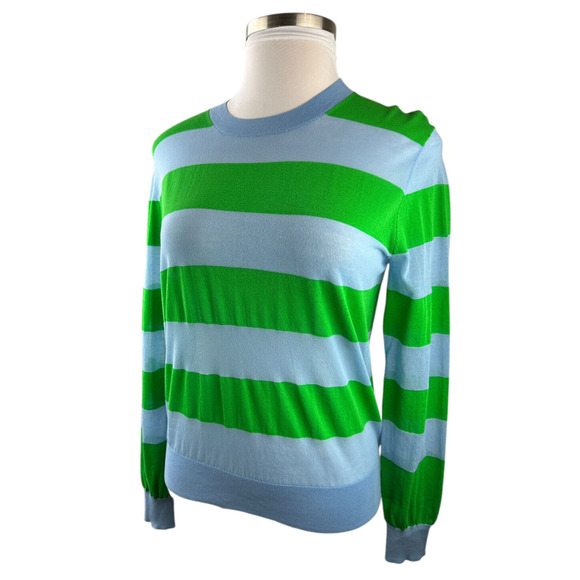 Diane Von Furstenberg Blue & Green Striped Top LS Mesh Sheer Stretch Medium - Picture 9 of 13